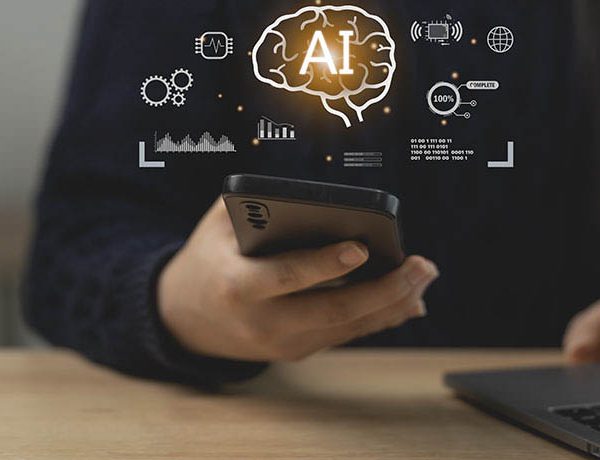 Person Using Smartphone with AI Elements, Innovative Technology